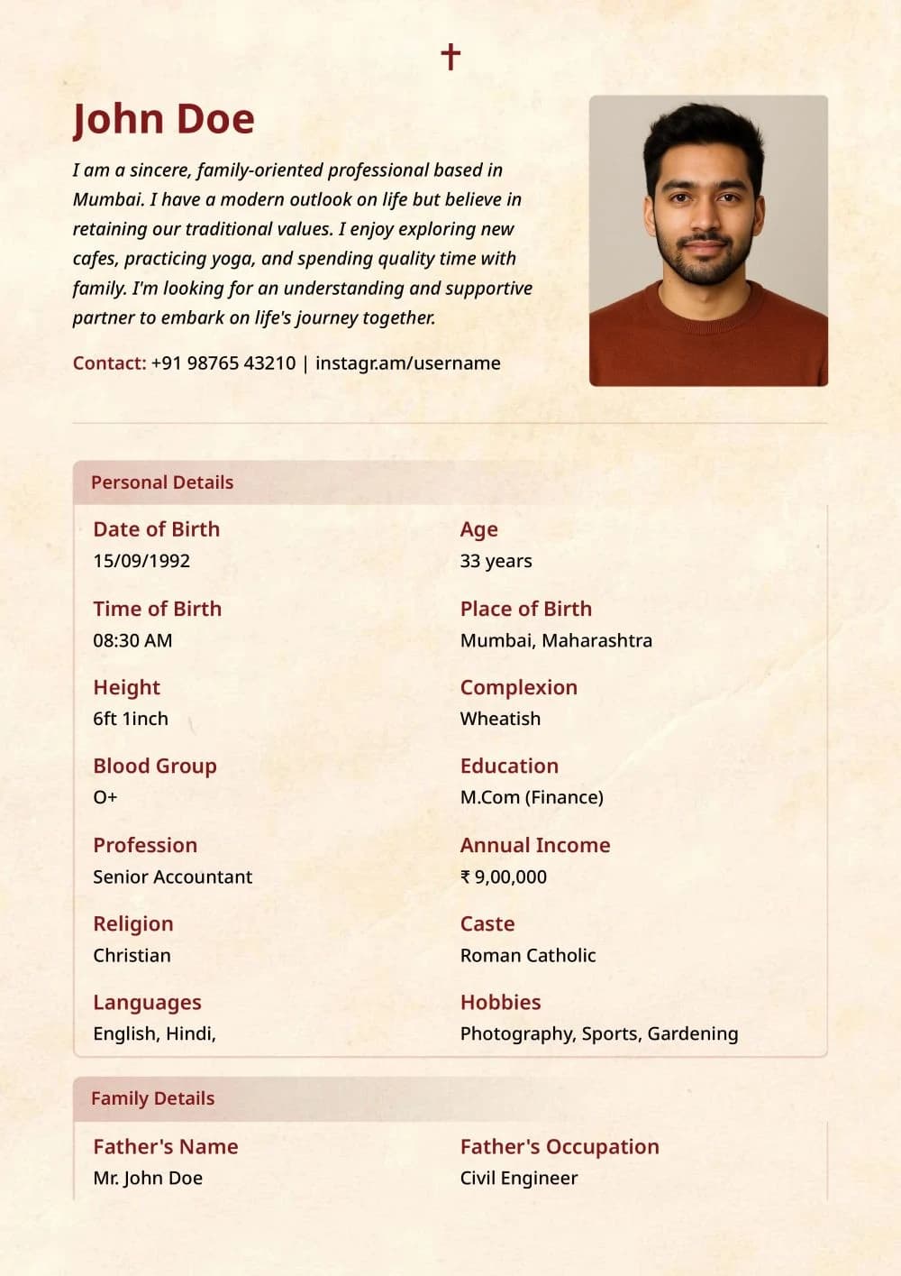 Elegant marriage biodata template with premium gradient design and photo