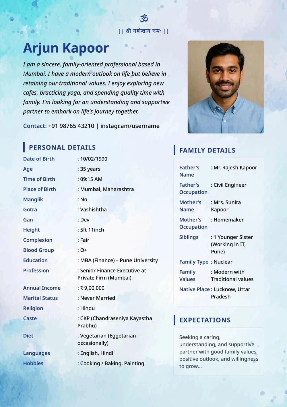 Modern marriage biodata template with single-page bold design and dark header